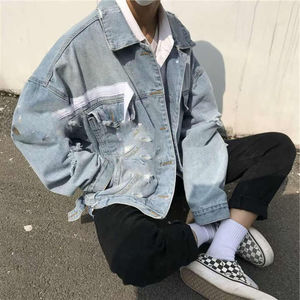 Men's Oversized Distressed Denim <b>Trucker</b> <b>Jacket</b> 100% Cotton Long Sleeve Button Front Breathable Windproof Casual Loose Fit - Product Image 3