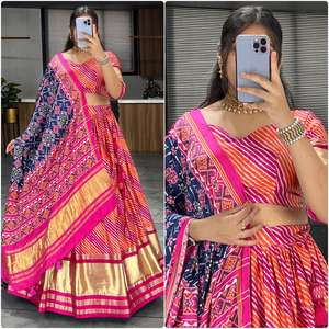 Traje Tradicional Formal del Sur de la India, Lehenga Choli de Seda Kanchipuram, Tejido Zari, Dupatta de Encaje Georgette, para Fiestas y Bodas - Product Image 4