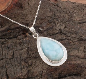 Natural Larimar Pear Pendant Handmade Sterling <b>Silver</b> Gemstone Necklace Boho Jewelry Ocean Blue Stone Gift For Women - Product Image 6