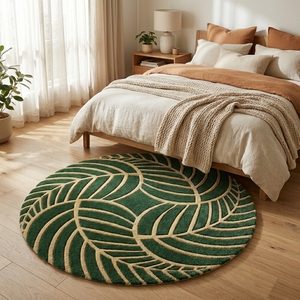 Alfombra Redonda con Patrón de Hojas Verdes, Estilo Bohemio, de Lana y Acrílico, de Pelo Alto, con Base Antideslizante de Goma, para Decoración de Dormitorio - Product Image 1