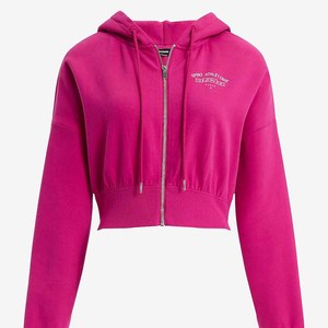 Women's Pink <b>Cropped</b> Hoodie <b>Zip</b>-<b>Up</b> Sweatshirt With Embroidered Logo Front Solid Color Full Sleeve Autumn Wear - Product Image 3