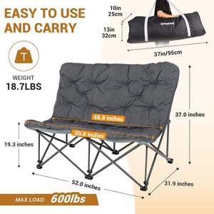 Silla de Camping Plegable Doble Moderna de Acero Inoxidable Gris, Asiento Acolchado Extra Grande, Resistente, Soporta 600 Libras, Portátil - Product Image 1