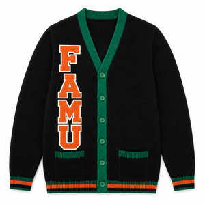 Cardigan universitaire HBCU, col en V, orange, vert, noir, broderie en chenille, couleurs contrastées, cardigan FAMU. - Product Image 1