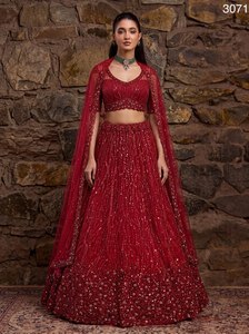 Burgundy Beaded Lehenga Set <b>Sequin</b> Mesh Dupatta Sleeveless Banarasi Style Evening Dress for Wedding Party For Women Wear - Product Image 6