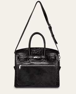 Bolso de Mano Personalizado SF SF 1228 Negro de Cuero Genuino con Grabado de Cocodrilo, Asa Superior y Correa para el Hombro - Product Image 1