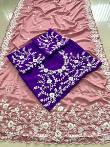 Sari de organza bordado con flores de diseño para mujer |   Sari de Lujo para Fiesta o Boda con Blusa en Contraste |   Sari indio premium - Product Image 5