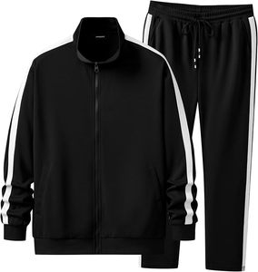 Ensemble de survêtement noir uni pour homme, manches longues, fermeture éclair, col montant, coupe sportive, respirant, en polyester, pour l'automne - Product Image 5