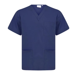Conjunto de uniforme médico unisex azul marino con cuello en V, pantalones con cordón y bolsillos, uniforme de hospital de tela de algodón y poliéster tejida, apto para detectores de metales. - Product Image 2