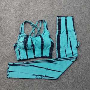 <b>Tie</b> <b>Dye</b> Yoga <b>Set</b> Women 2 Piece Crop Top Full Length Leggings High Waist Spandex Polyester Breathable Striped Crisscross Straps - Product Image 1