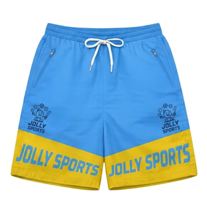 Shorts coupe-vent pour homme en polyester 120 GSM, bleu ciel et blanc, avec empiècements incurvés, impression par sublimation, logo personnalisé. - Product Image 5