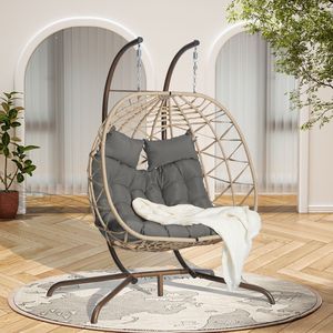 <b>Double</b> <b>Egg</b> <b>Chair</b> Stand Indoor/Outdoor Wicker Rattan Swing Hammock UV Resistant Cushions for 500 Lbs for Bedroom Balcony Patio - Product Image 2