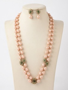 Luxury 2 Layer <b>Pink</b> Pearl Beaded <b>Necklace</b> Set Gold Plated Antique Floral Green Stone Statement Jewelry with Matching Earrings - Product Image 1