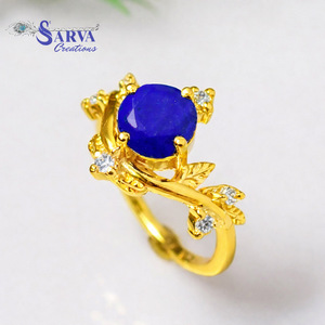 Natural <b>Lapis</b> <b>Lazuli</b> <b>Ring</b> Gold Plated 925 Sterling Silver Moissanite Gemstone <b>Ring</b> Vintage Floral Statement Jewelry for Women - Product Image 1