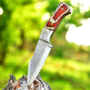 Cuchillo de Caza de Hoja Fija de Acero al Carbono Forjado a Mano y Grabado, con Mango de Madera Roja y Funda de Cuero, Personalizable OEM, MOQ Bajo - Product Image 2