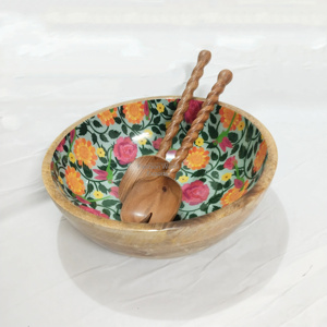 Handmade Polished Mango Wood <b>Salad</b> Serving <b>Bowl</b> Set Floral Enamel Interior Wooden <b>Servers</b> Decorative Wedding Giveaway - Product Image 1