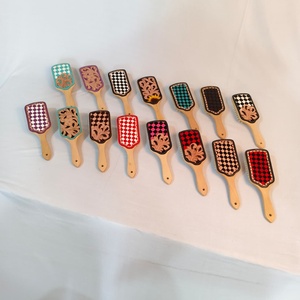 Wooden Hair Brush With <b>Leather</b> Inlay Geometric Pattern <b>Rivet</b> Detail Handle - Product Image 5