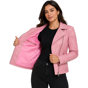 Chaqueta de Motociclista para Mujer, de Cuero Auténtico, Tejida, Transpirable, con Cierre Cruzado, Color Rosa Cereza, para Venta al Por Mayor (OEM) - Product Image 5