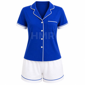 Conjunto de Pijama de Manga Corta con Ribete Azul y Blanco de la Hermandad HMR, Ropa de Dormir Informal de Algodón con Botones al Frente, Ropa de Verano - Product Image 1