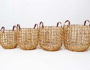 Multifunction Water Hyacinth Open <b>Weave</b> Laundry Toy Storage <b>Basket</b> Set with Faux Leather Handles - Product Image 5