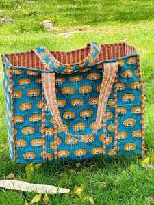 Wholesale Price Teal Blue Orange Floral Cotton Kantha Quilted Storage Tote <b>Bag</b> Women Shoulder Travel Carrying Handbag Striped St - Product Image 1