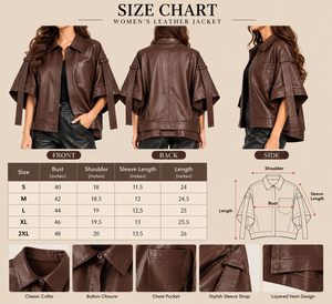 Women Brown PU Leather Utility Jacket Short Sleeve Batwing Turn-down Collar Single <b>Button</b> Solid Color - Product Image 3