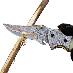 Cuchillo Plegable de Supervivencia para Camping de Alta Calidad, Grado Industrial, Hecho a Mano, de Acero de Damasco y Cobre, con Bloqueo Interno Recto, OEM - Product Image 2