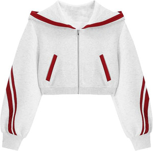 Sweat-shirt à capuche court zippé rayé blanc et rouge unisexe, coupe sportive classique, idéal pour l'automne, en coton tricoté avec poches - Product Image 1