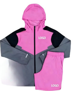OEM Service Custom Pink Gray <b>Colour</b> Blocking Windproof Autumn Hooded Tracksuit Set Quick Dry Casual Sporty Full Sleeve Zipper - Product Image 2