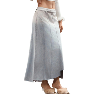 Jupe longue trapèze en jean délavé pour femme, taille haute, 100 % coton, brodée, fermeture éclair latérale arrière, style décontracté et streetwear - Product Image 3