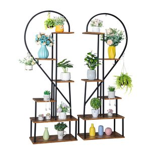 Supporto per Piante a Mezza Cuore in Ferro e Legno, 6 Livelli, 2 Pezzi, Ideale per Giardino, Balcone, Patio, Prato, Decorazione Domestica - Product Image 1