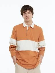 Polo de rugby rétro surdimensionné pour homme |   Style streetwear à manches longues superposées |   Polo coupe ample bicolore orange et blanc - Product Image 3