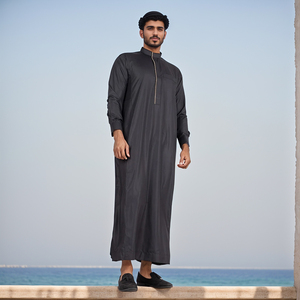 Men Black Polyester Thobe Long Sleeve Ankle Length Sweetheart Neckline Embroidered Breathable Casual Solid Eid Evening Party - Product Image 4