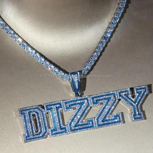 Collier pendentif Hip Hop Blue Moissanite Diamond "DIZZY" plaqué or blanc, chaîne tennis, bijoux pour homme - Product Image 1