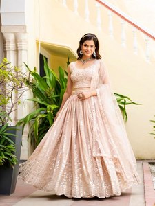 Peach Georgette <b>Lehenga</b> Choli Real Mirror Work Embroidered <b>Lehenga</b> Choli - Product Image 6