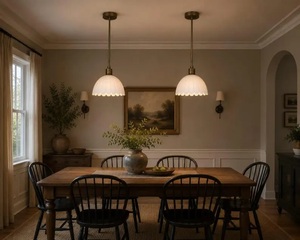 Brass Pendant Light Scalloped Glass Shade Modern Farmhouse Ceiling <b>Lamp</b> Indoor <b>Kitchen</b> Decor Durable Round Design - Product Image 3