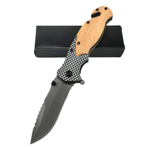Navaja Plegable de Acero Inoxidable con Hoja de Punta Caída Serrada, Mango de Madera y Perilla de Pulgar, Cuchillo de Bolsillo de Grado Industrial - Product Image 1