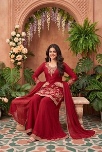 Ensemble Kurti Palazzo Dupatta traditionnel pour femmes en tissu Aarika Textile Premium rouge avec perles, prix de gros - Product Image 3