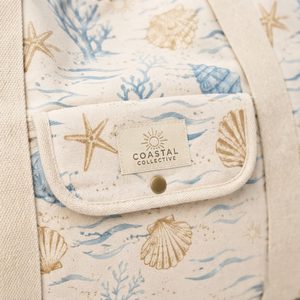 Seashell Coral Wave Print Cotton <b>Canvas</b> <b>Beach</b> Tote Bag Eco-Friendly Large Capacity Women Summer Travel Open Top Zipper Closure - Product Image 6