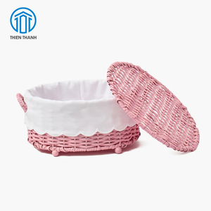 Panier de rangement en rotin rose fait main avec couvercle, organisateur en osier, boîte de rangement décorative pour la maison et la chambre d'enfant, vente en gros - Product Image 2