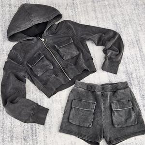 Top Trending Women's Acid Washed Women's Multi Pockets Crop Zip Up Hoodie & Shorts Girl's <b>Embroidery</b> Patches Vintage Crop <b>Sets</b> - Product Image 1