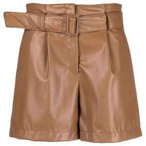 Shorts en similicuir PU marron pour femme, taille mi-haute, à boutons, séchage rapide, anti-plis, style décontracté chic - Product Image 1