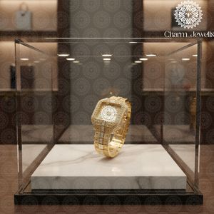 Charm Jewells Reloj de oro de lujo para mujer, caja rectangular, bisel de diamantes, cuarzo analógico, correa de acero inoxidable, cierre de mariposa - Product Image 5