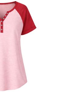 T-shirt personnalisé pour femme, rose clair et rouge, à manches courtes, col Henley, haut à manches raglan, en coton doux, coupe décontractée, tee-shirt d'été respirant - Product Image 3