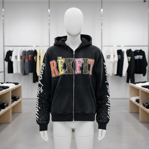 Rexfit Sports Premium Cotton Fleece Acid Wash distressed Embroidered Full Zip Hoodie Custom Logo OEM Full Zipper Hoodies OEM - Product Image 4