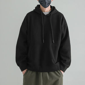 Sweat-shirt à capuche noir surdimensionné pour homme, couleur unie, en molleton de coton, décontracté, pour l'automne, avec poche, coupe classique - Product Image 1