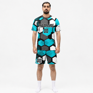 Ensemble de maillots de football personnalisés unisexes bleu marine jaune 100% polyester mesh imprimé par sublimation, respirant, manches courtes - Product Image 1