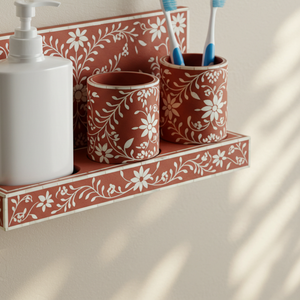 Handcrafted Floral Bone Inlay Bathroom Organizer Set Terracotta & White Wall-Mounted Vanity <b>Shelf</b> - Product Image 4
