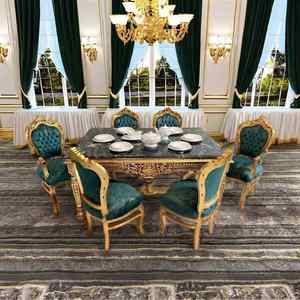 Traditional 6 Piece <b>Dining</b> Room Set Marble Top <b>Gold</b> Gilded <b>Chairs</b> Green Upholstery Antique Style Furniture - Product Image 1
