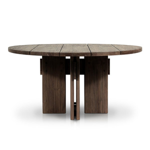 Table de salle à manger moderne en bois d'acacia massif, forme ronde, design ligné, finition marron, avec nouvelle base à double pieds, pour la maison et la cuisine - Product Image 1