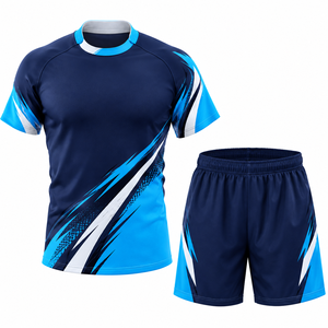 Ensemble de rugby sublimé bleu marine pour homme avec maillot à manches courtes et short à taille élastique, imprimé géométrique, évacuation de l'humidité, athlétique - Product Image 1